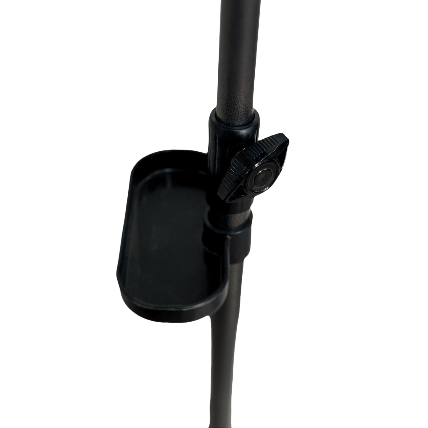 Black metal adjustable microphone stand with attached tray