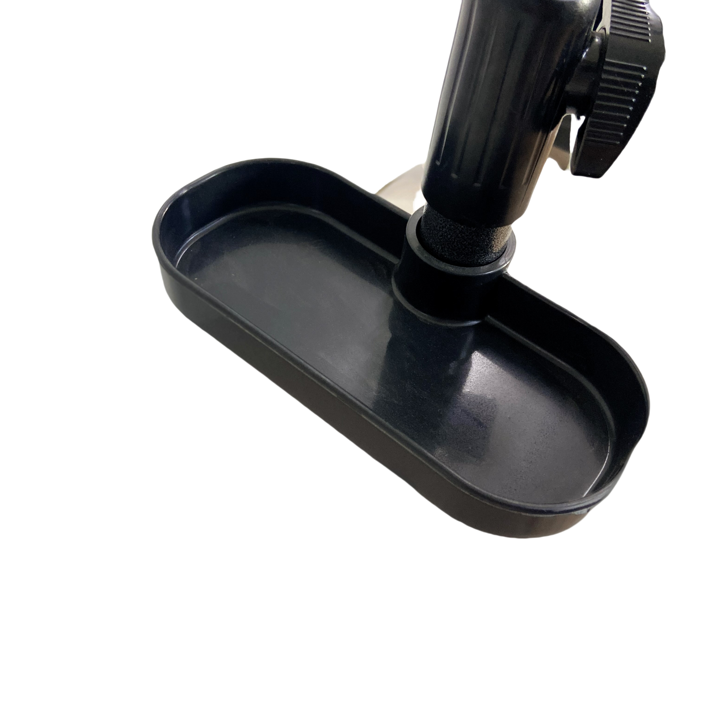 Black plastic tray attachment with adjustable knob for stroller or car seat accessory