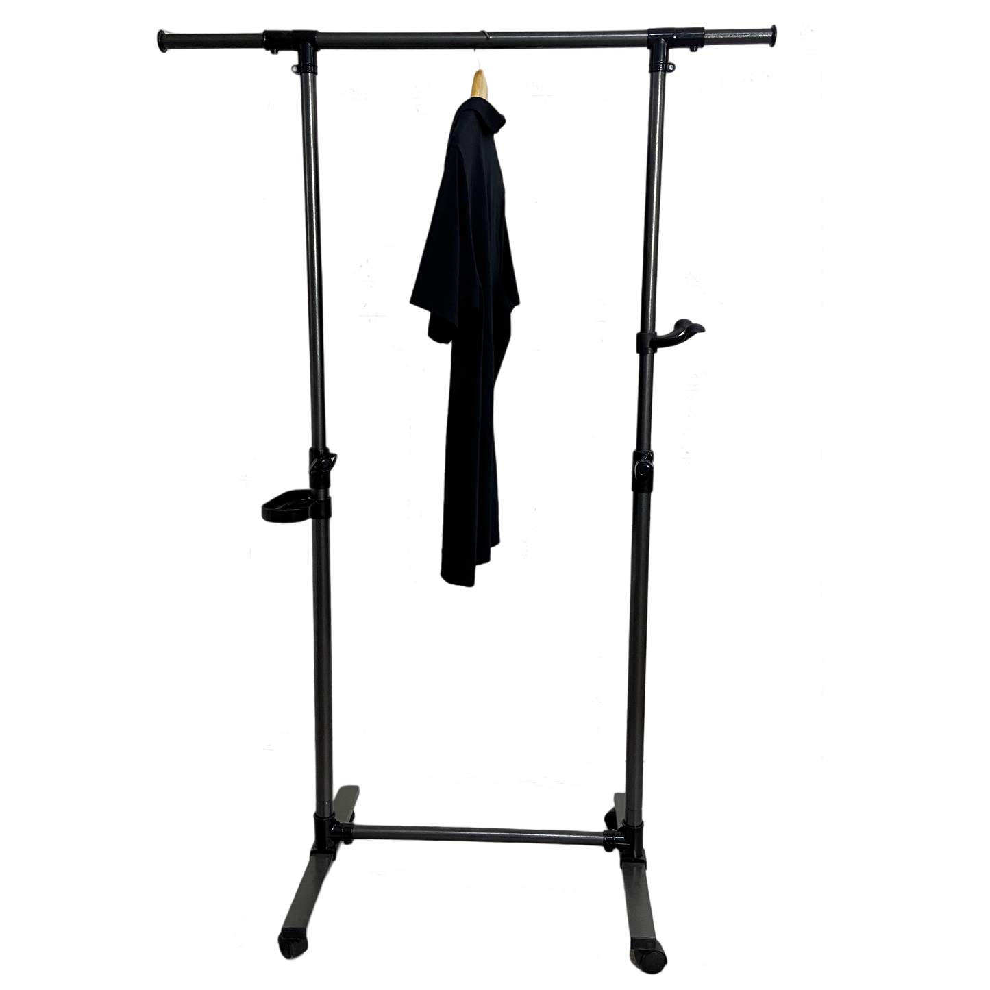 Black garment on a rolling garment rack with adjustable height ideal for retail display or home organization