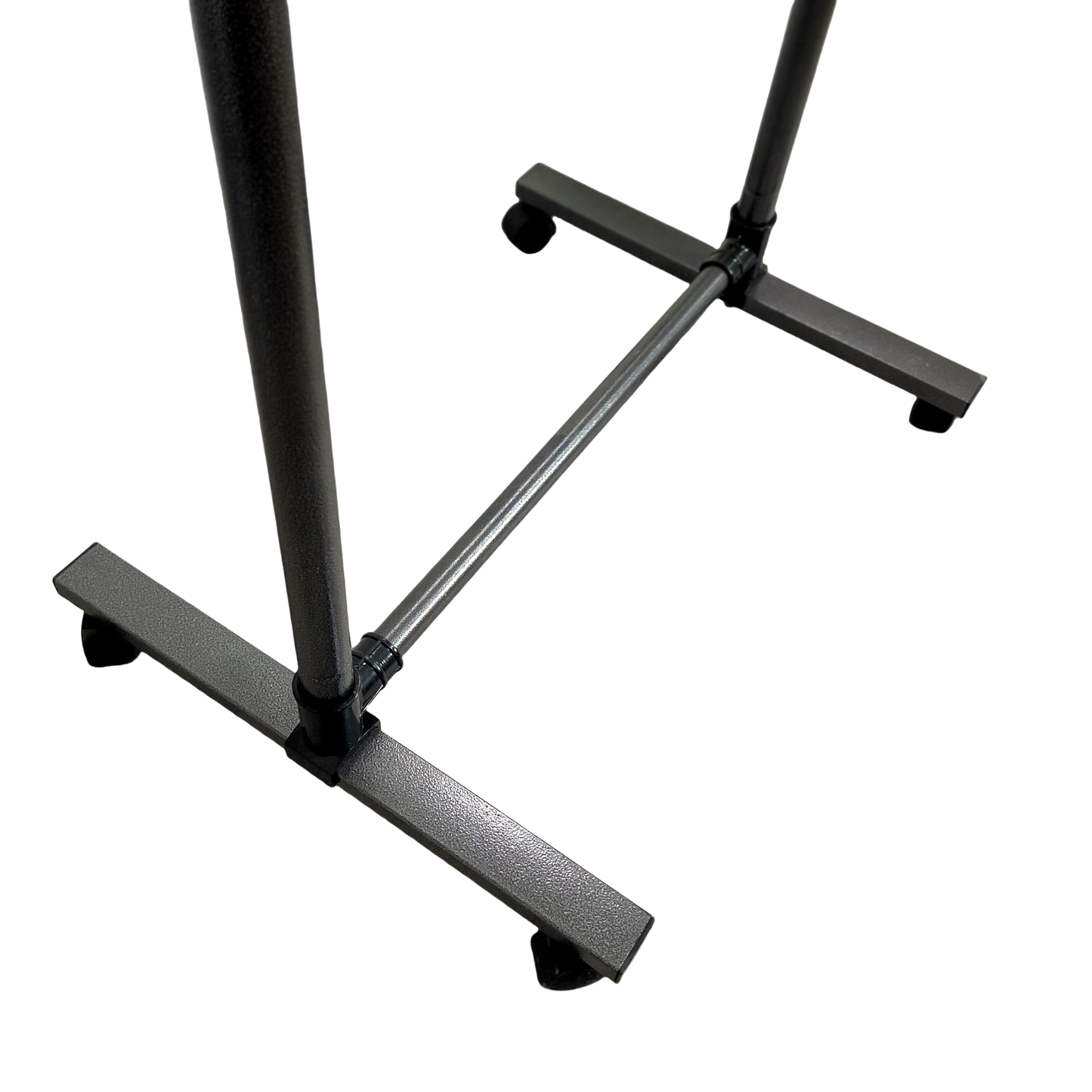 Black metal garment rack base with four wheeled feet
