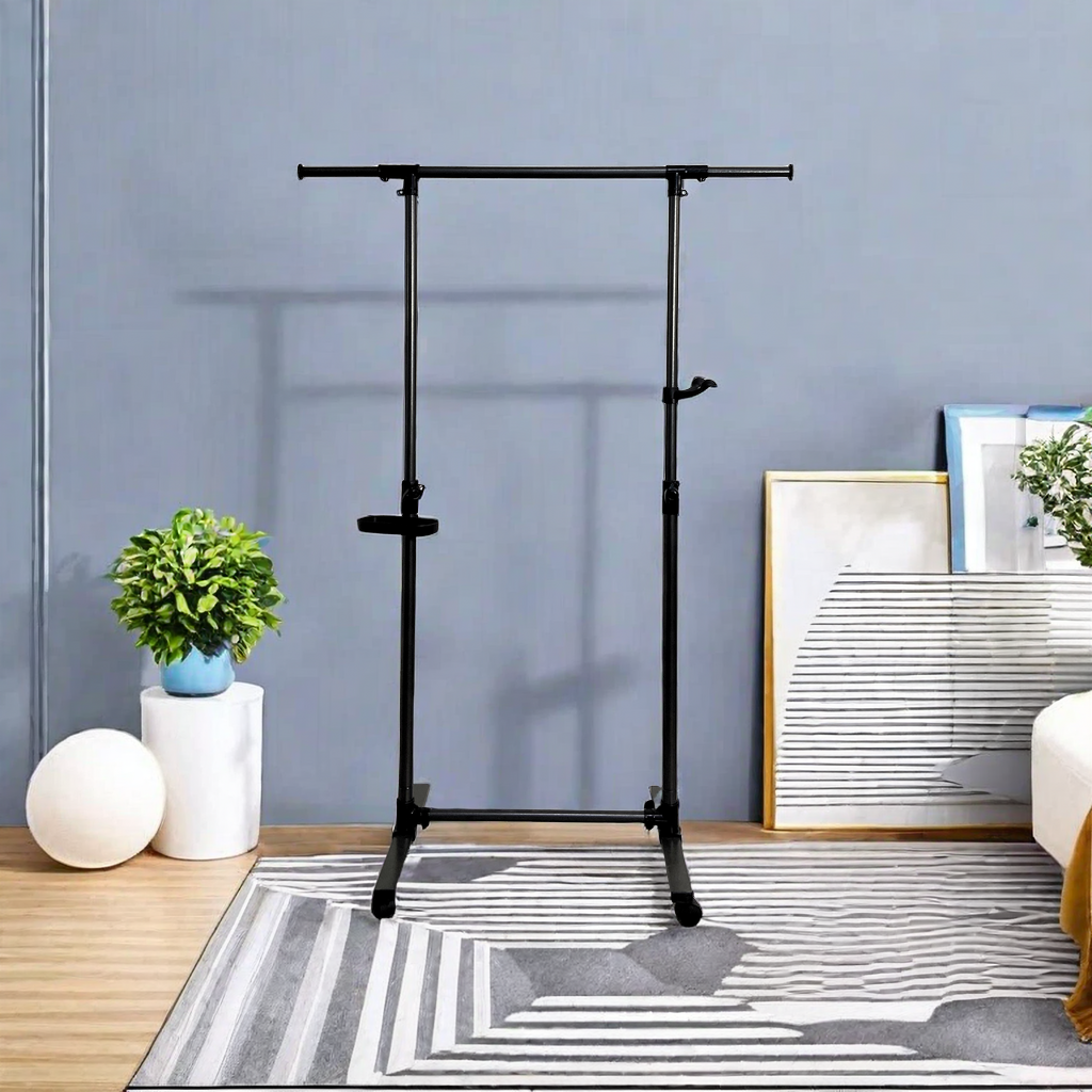 Black metal garment rack with double hanging bars and adjustable height
