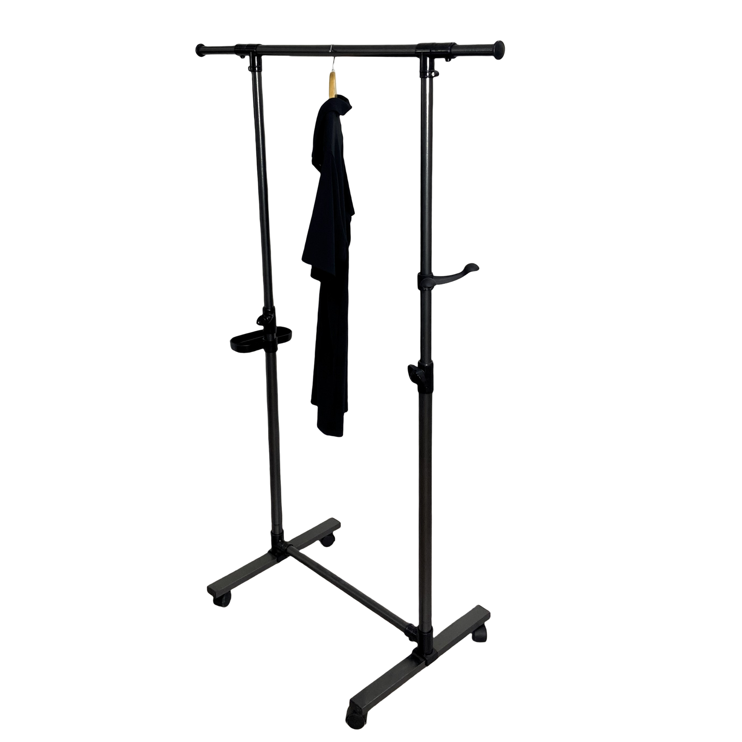 Adjustable black metal garment rack with wheels and a single garment hanging