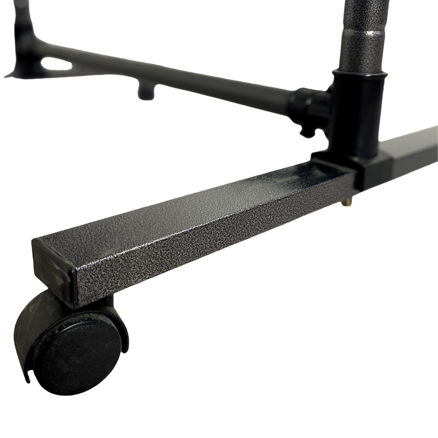 Heavy duty metal garment rack leg with a black wheel