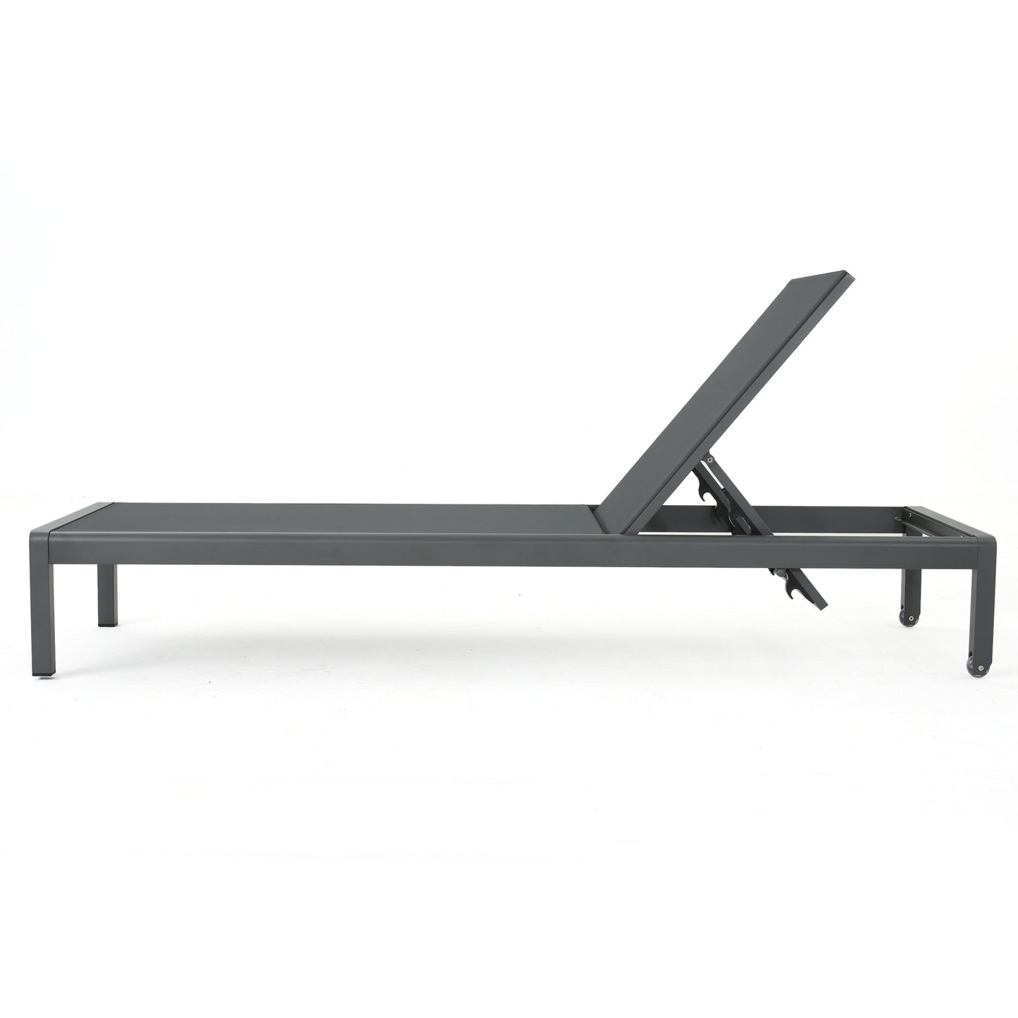 Grey aluminum chaise lounge with adjustable backrest and wheels