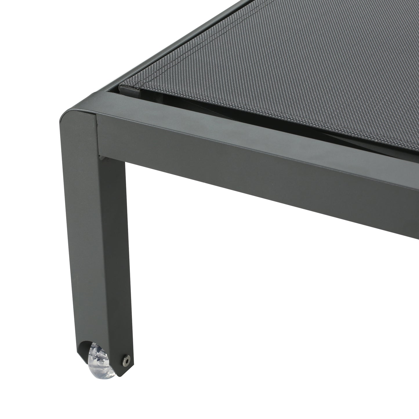 Close up of dark gray aluminum patio chaise frame with a woven gray fabric seat