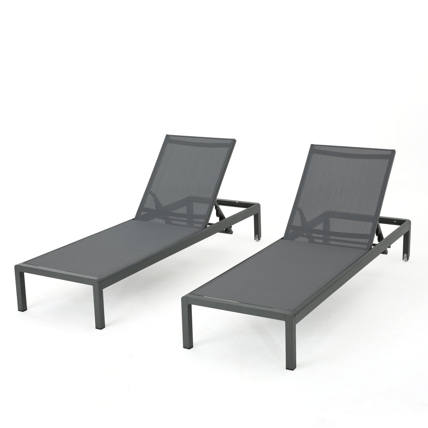 Set of two gray mesh and metal outdoor chaise lounge chairs with adjustable backs