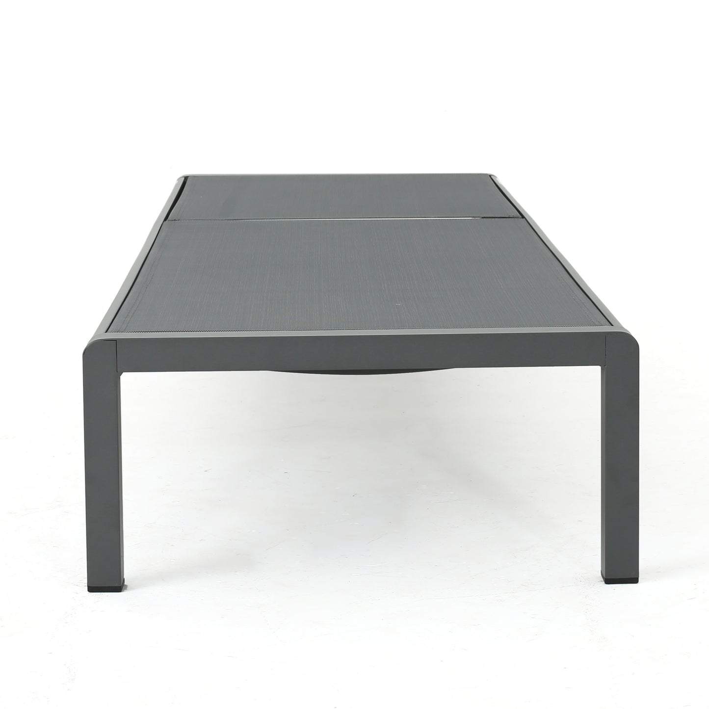 Sleek grey modern outdoor coffee table with metal frame and slatted top