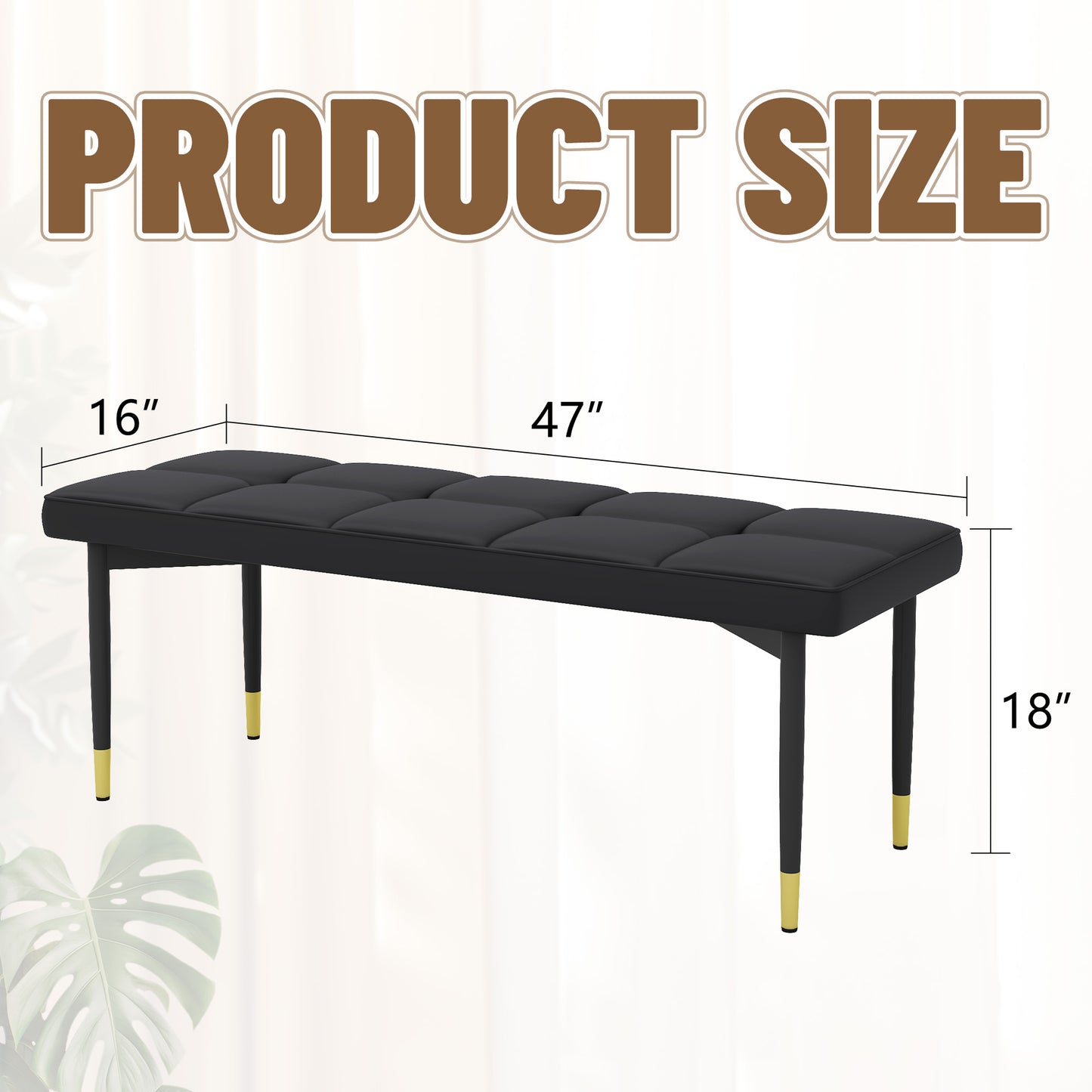 Black tufted faux leather bench with goldtipped legs and dimensions L x W x H