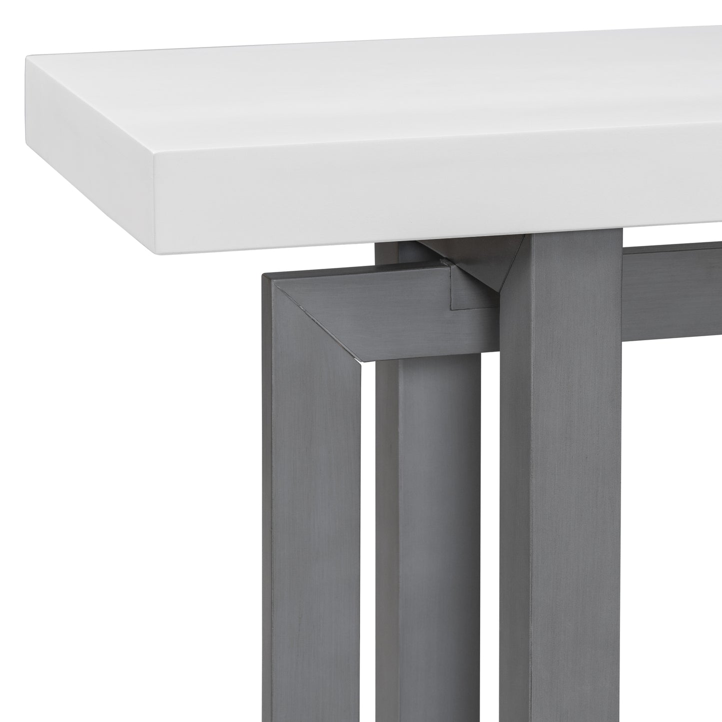 White highgloss tabletop with industrial gray metal frame console table