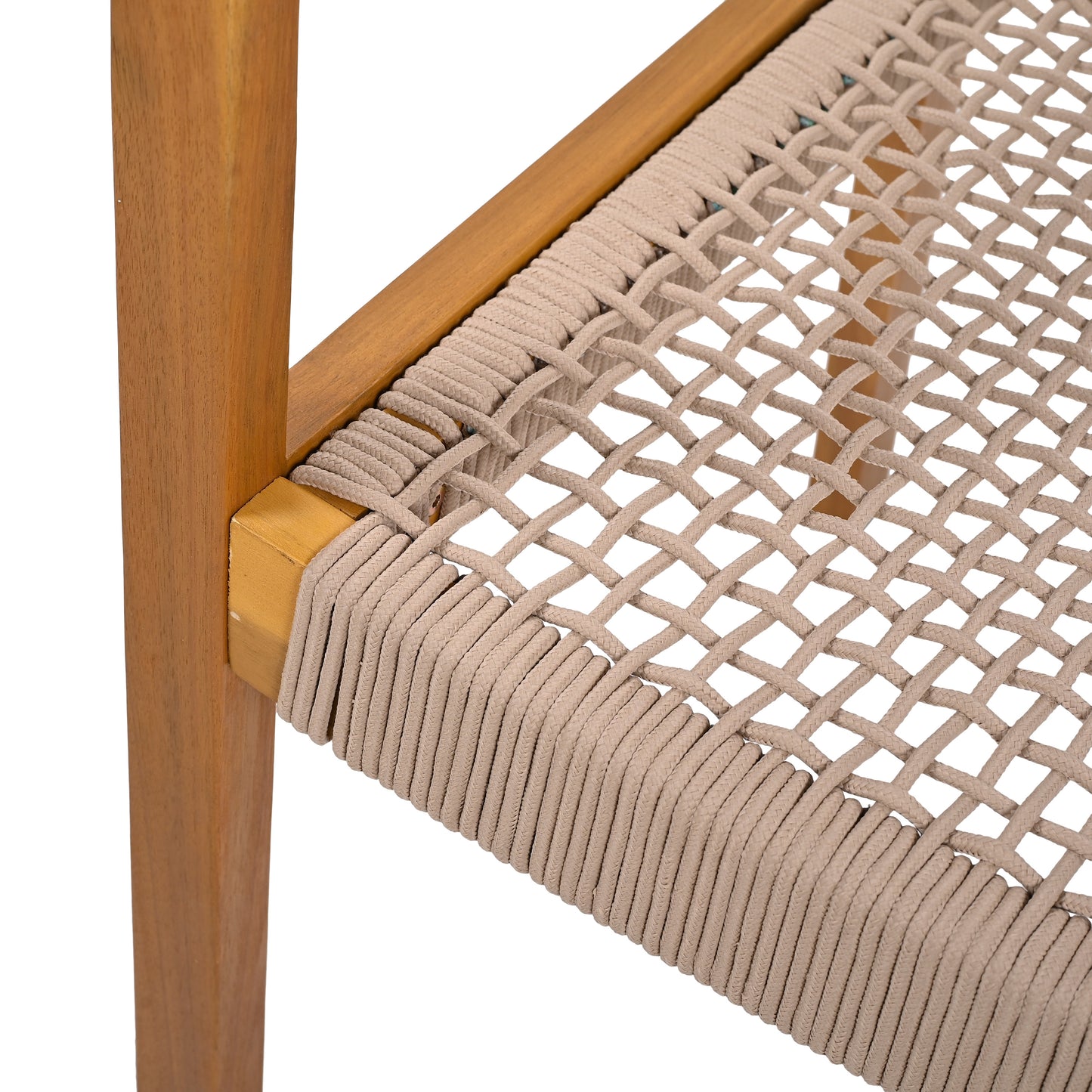 Closeup of a woven rope seat in beige with a wooden frame