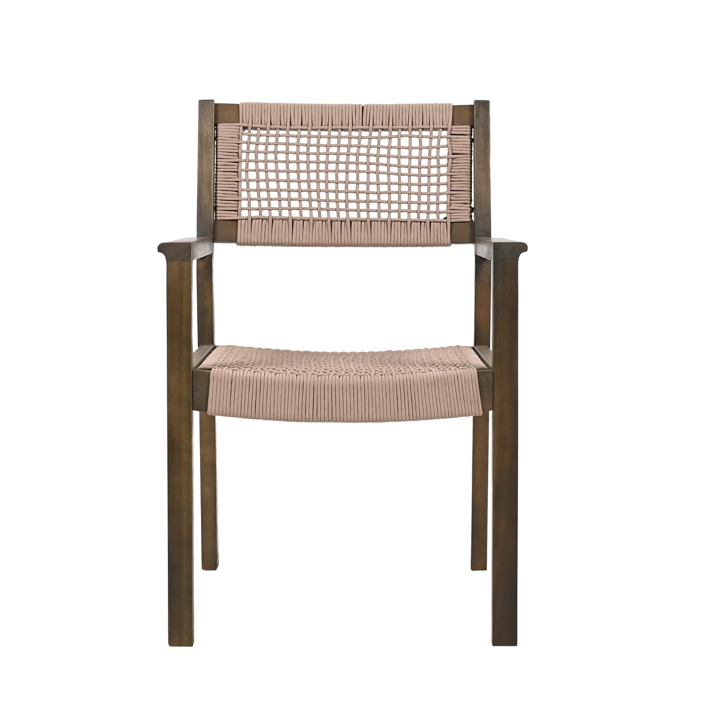 Wooden dining chair with woven taupe seat and back