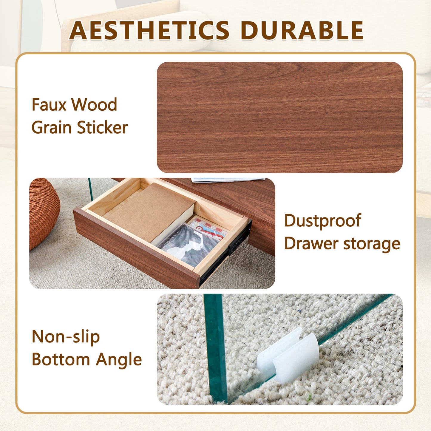 Closeup of rich brown faux wood grain sticker texture on furniture