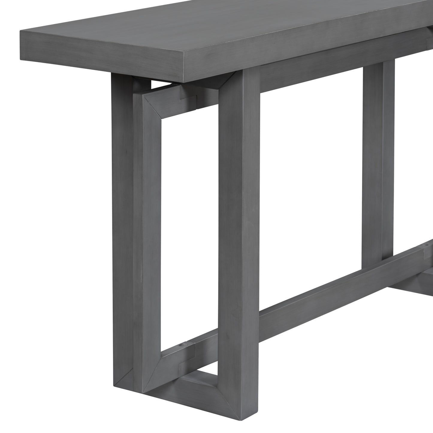 Gray wood console table with geometric leg design