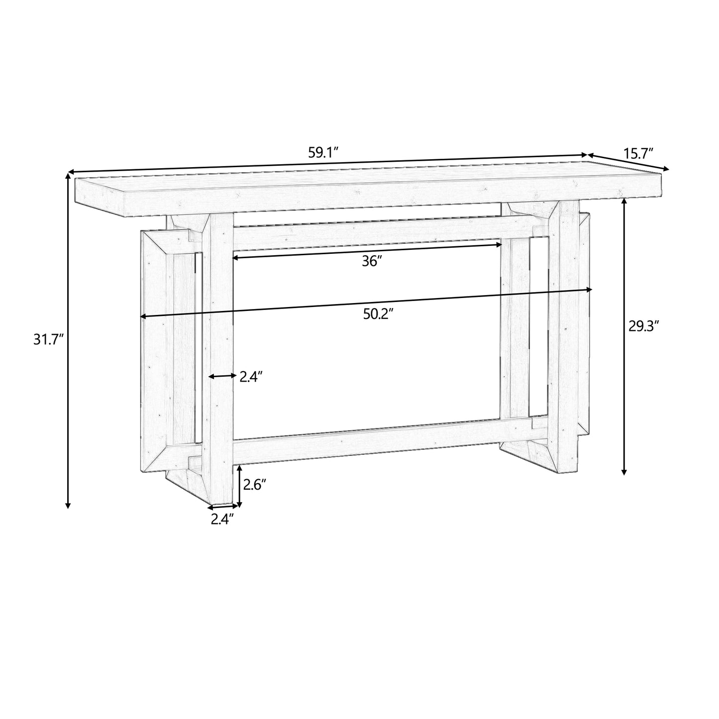 Line drawing of a wooden console table with dimensions labeled