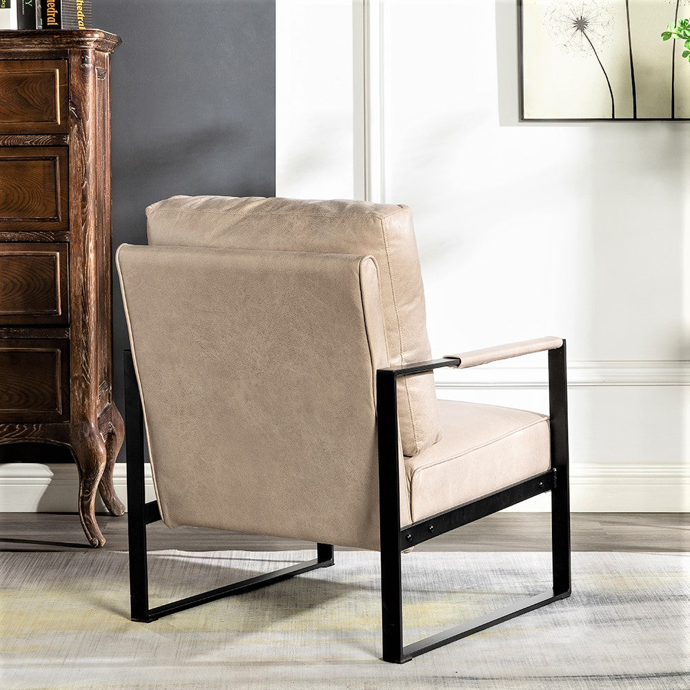 Beige leather armchair with black metal frame