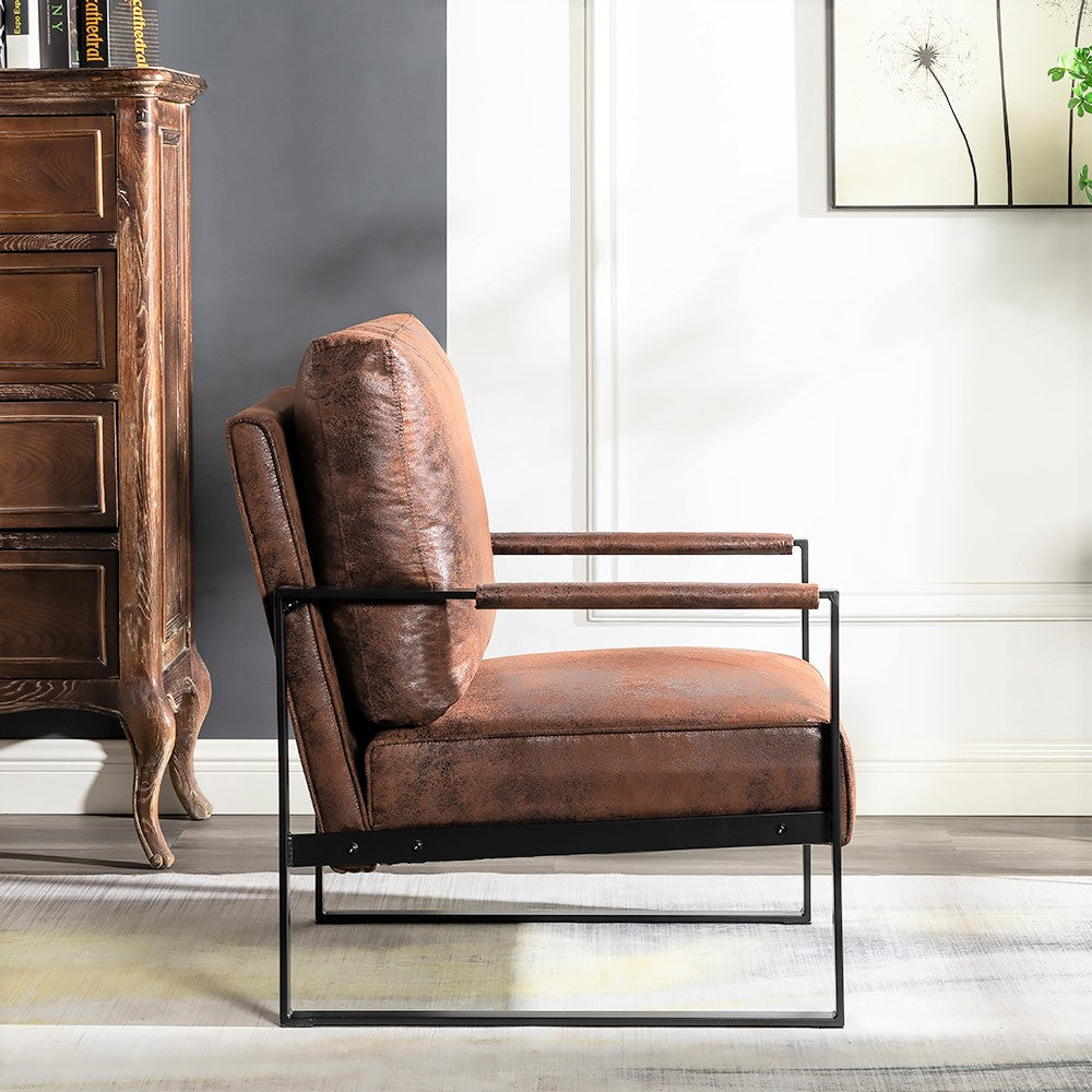 Brown distressed leather accent chair with black metal frame and arms