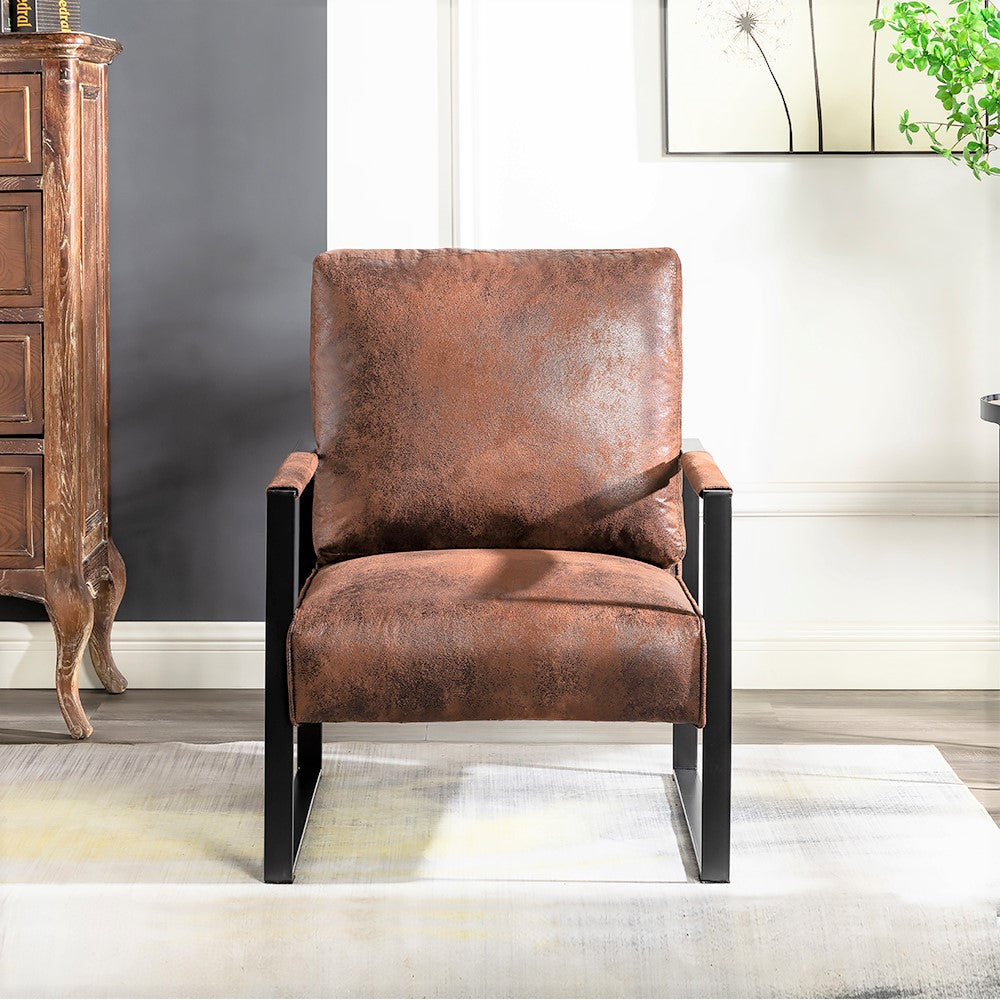 Rustic brown faux leather accent chair with black metal frame