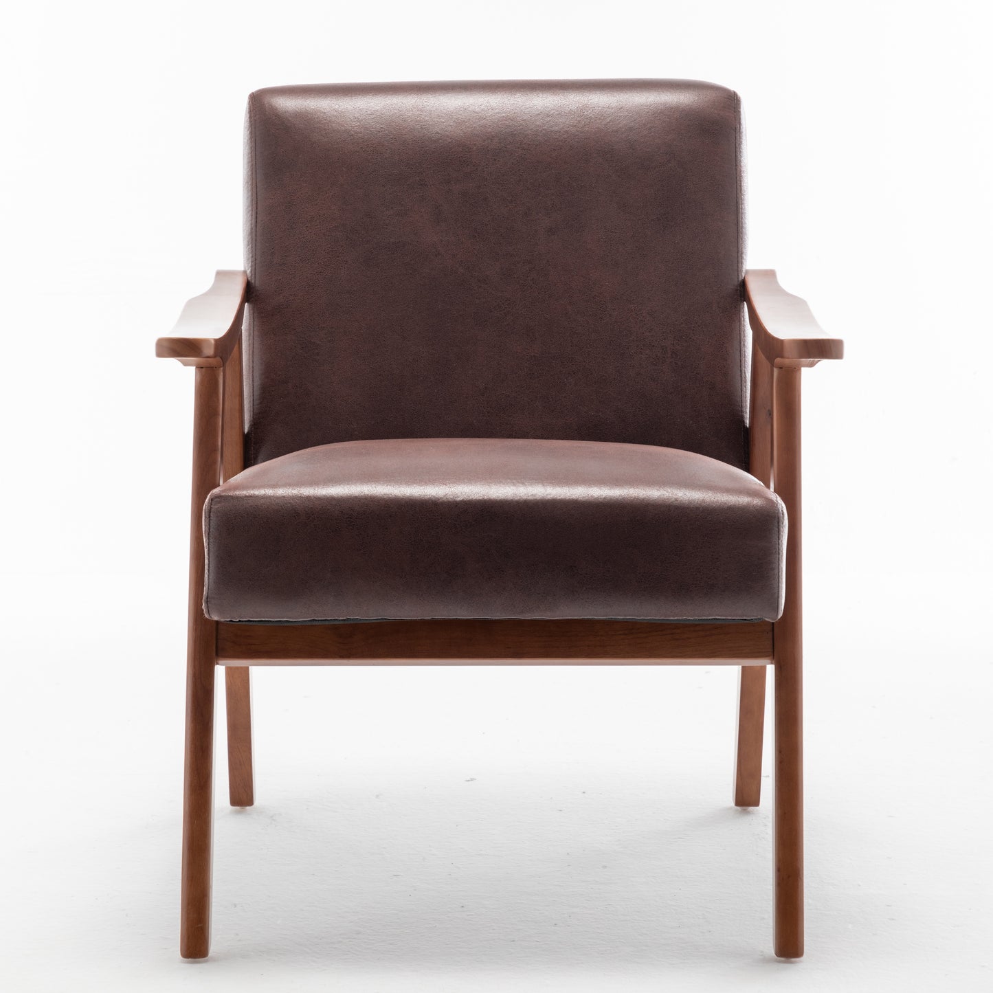 Brown faux leather armchair with wooden frame and arms