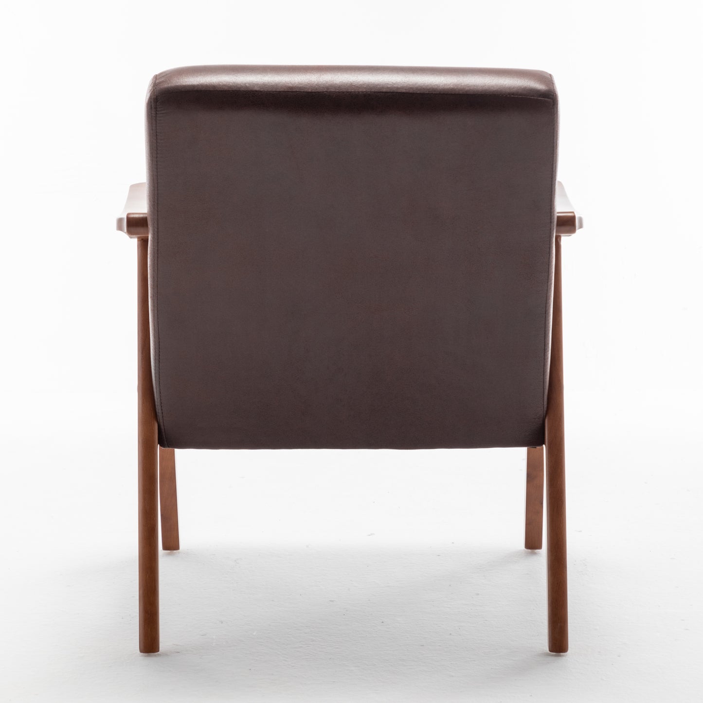 Back view of dark brown leather armchair with wooden frame