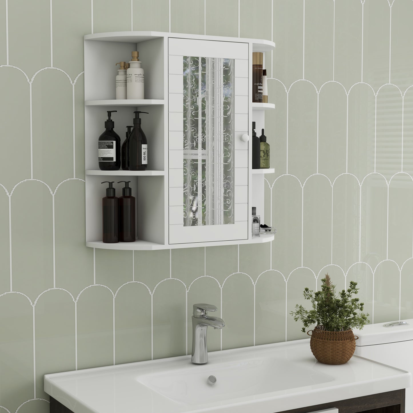 White corner bathroom cabinet with mirrored door and shelves holding toiletries