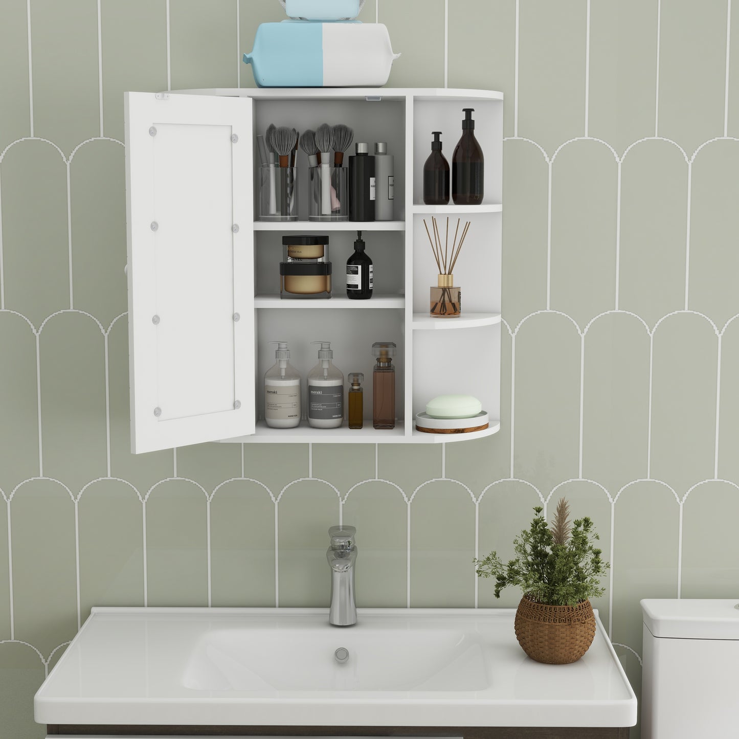 White bathroom medicine cabinet with open door displaying toiletries and makeup brushes