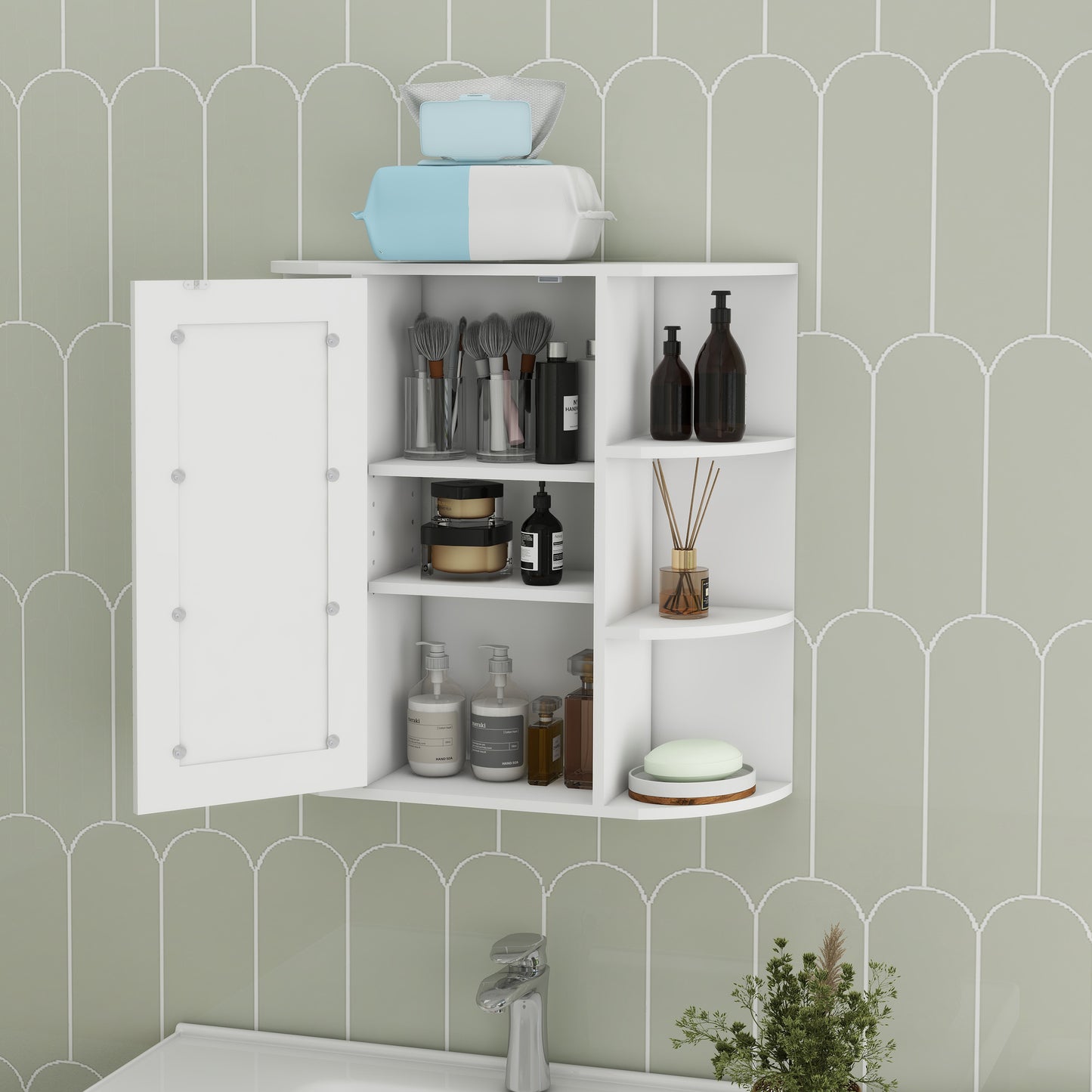 White bathroom medicine cabinet with glass door holding toiletries
