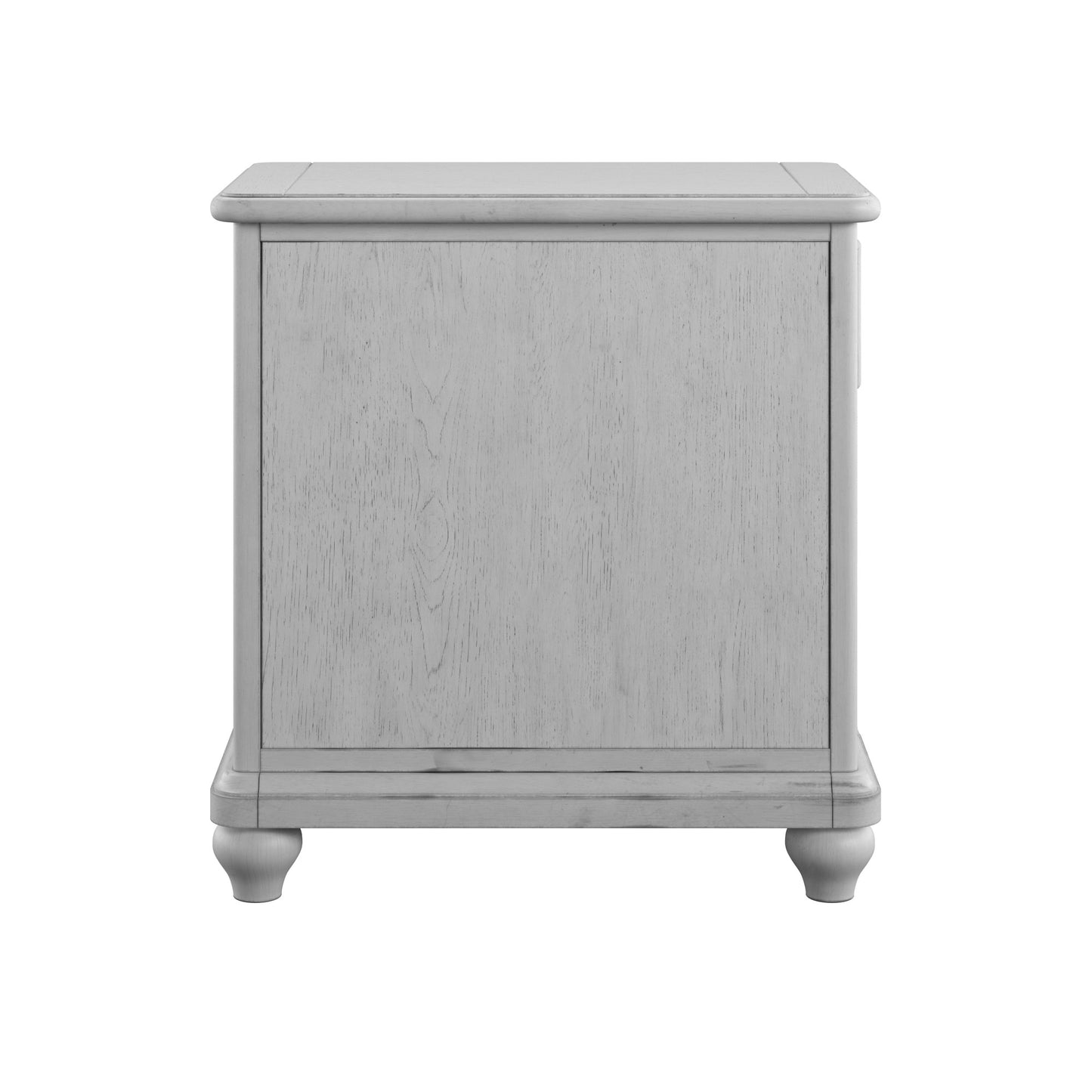White distressed wood nightstand with carved legs
