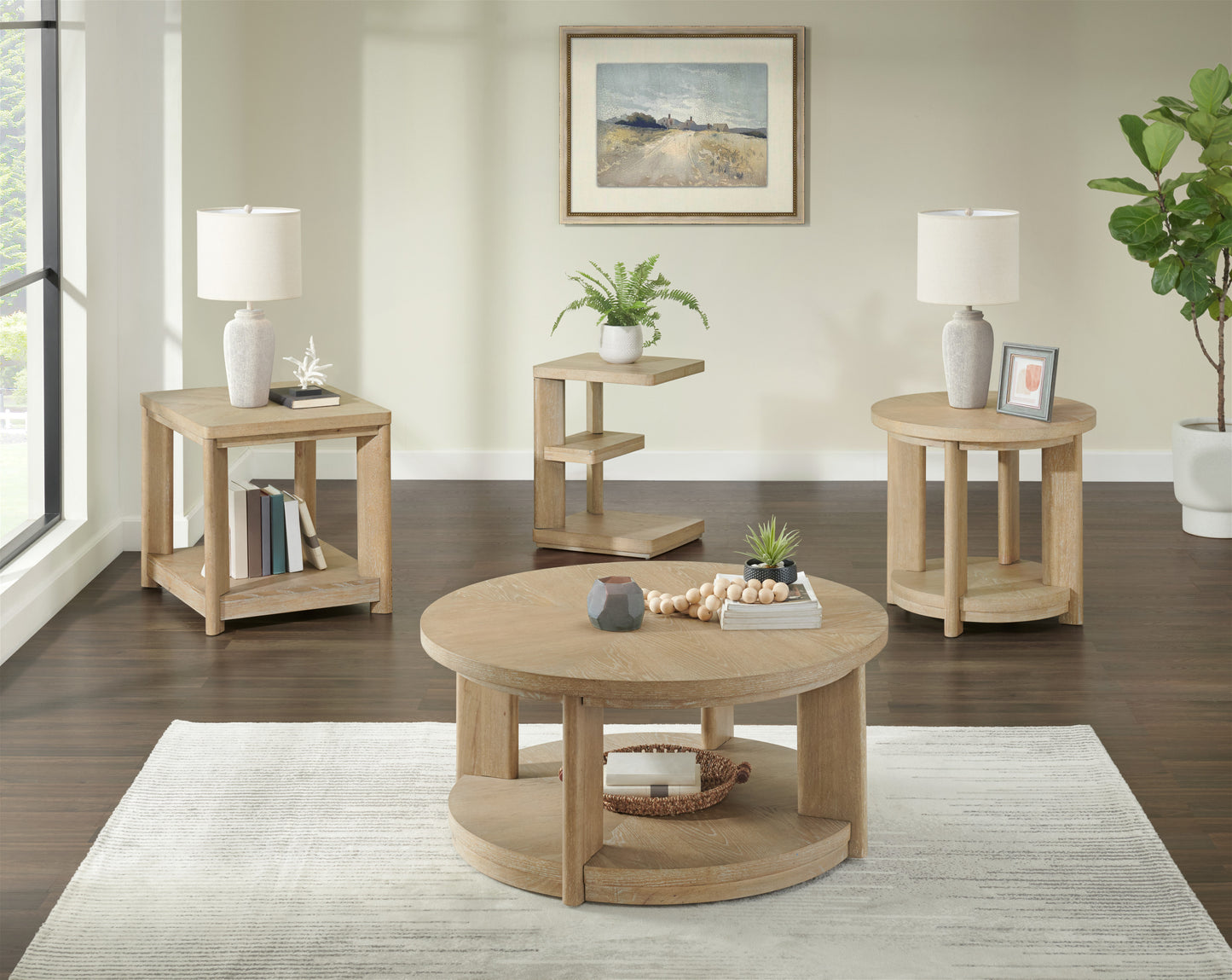 Light wood round coffee table with storage shelf and decorative beads