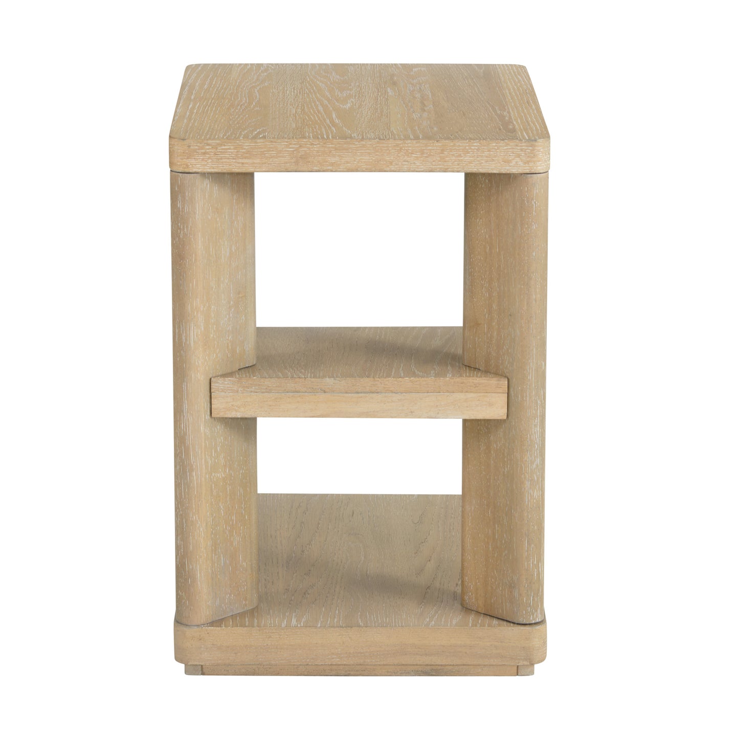 Light oak wood side table with two open shelves