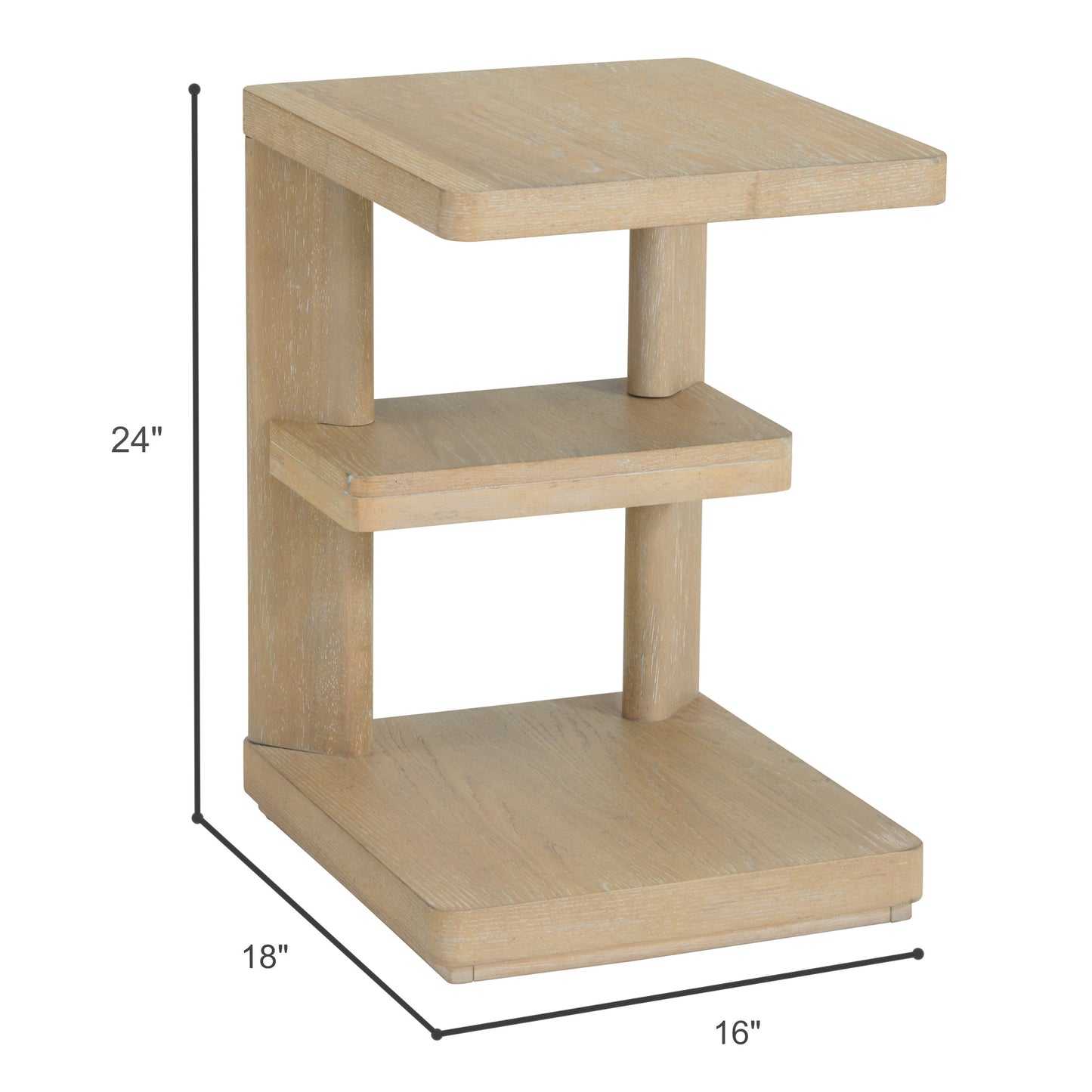 Modern light oak side table with tiered shelves and minimalist design