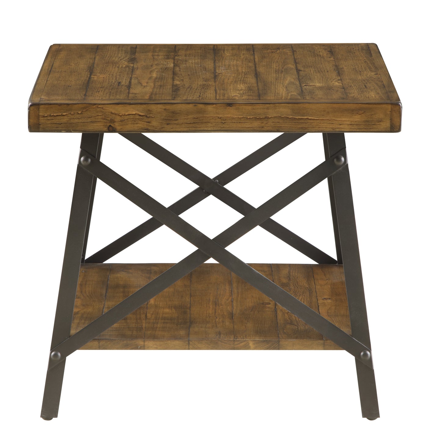 Rustic brown wood and dark metal industrial end table with lower shelf