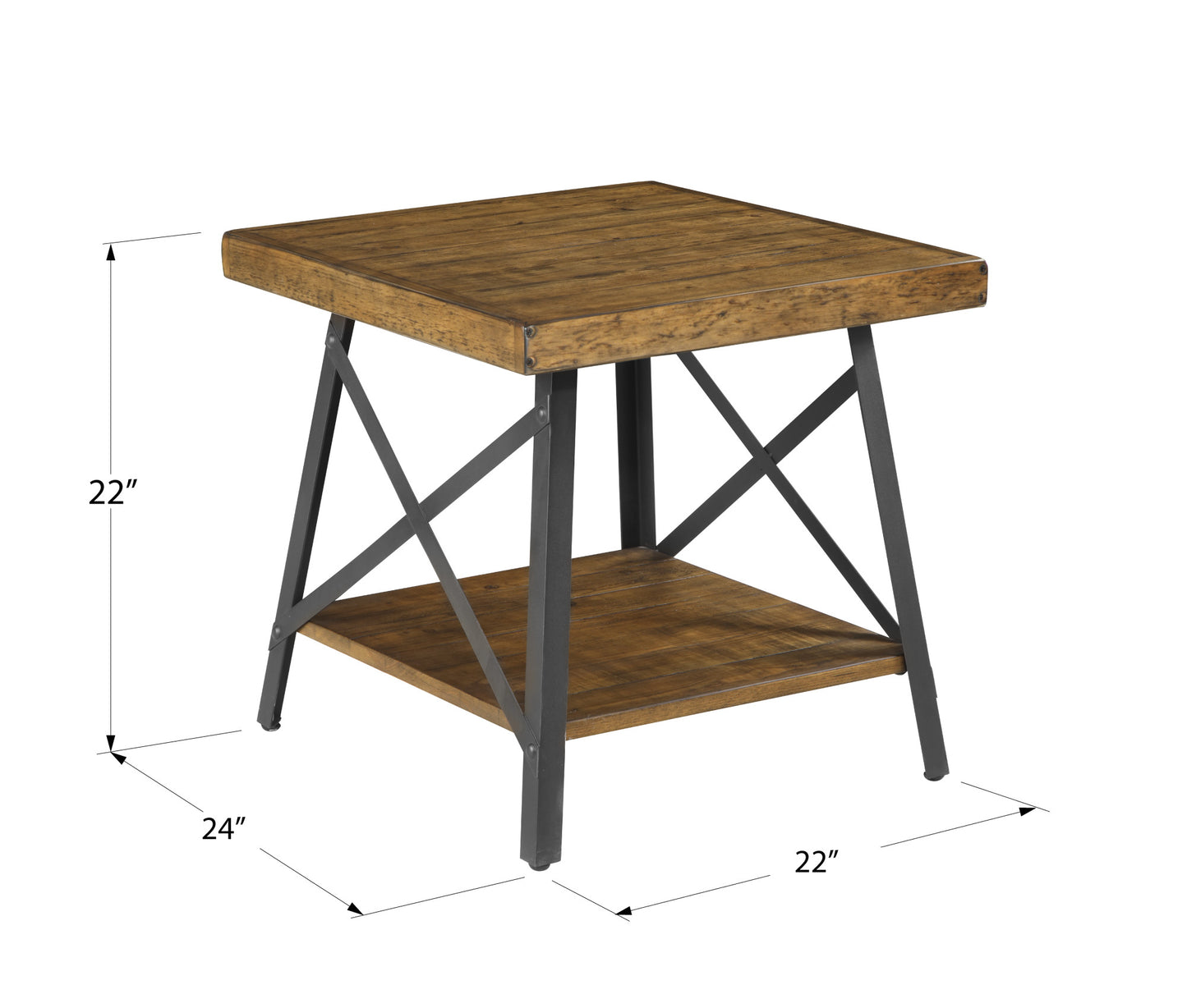 Rustic oak and metal end table with shelf