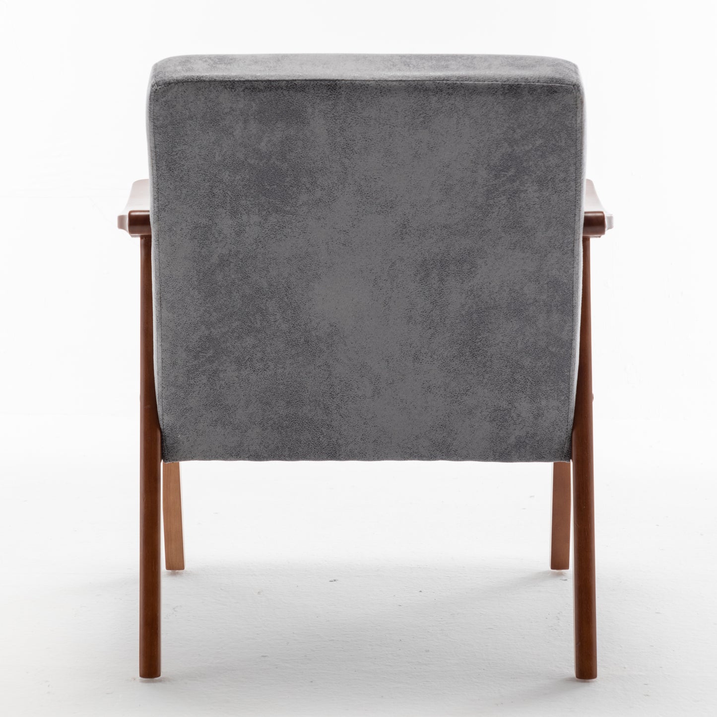Back view of a modern gray upholstered chair with wooden legs