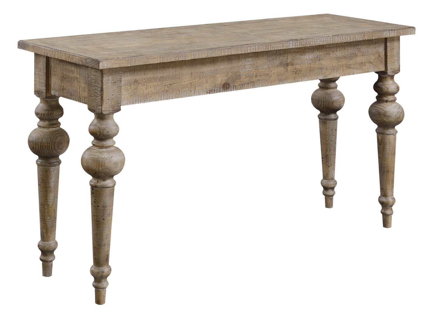 Rustic distressed wood console table with turned legs