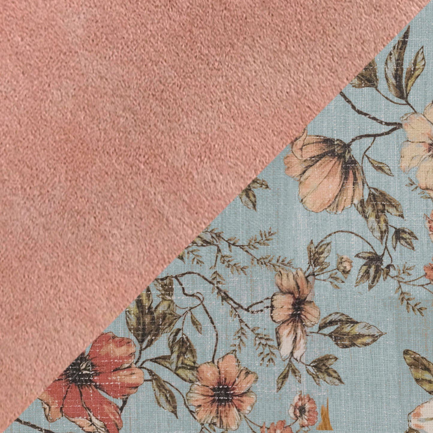 Pink suede fabric detail next to a light blue floral patterned textile