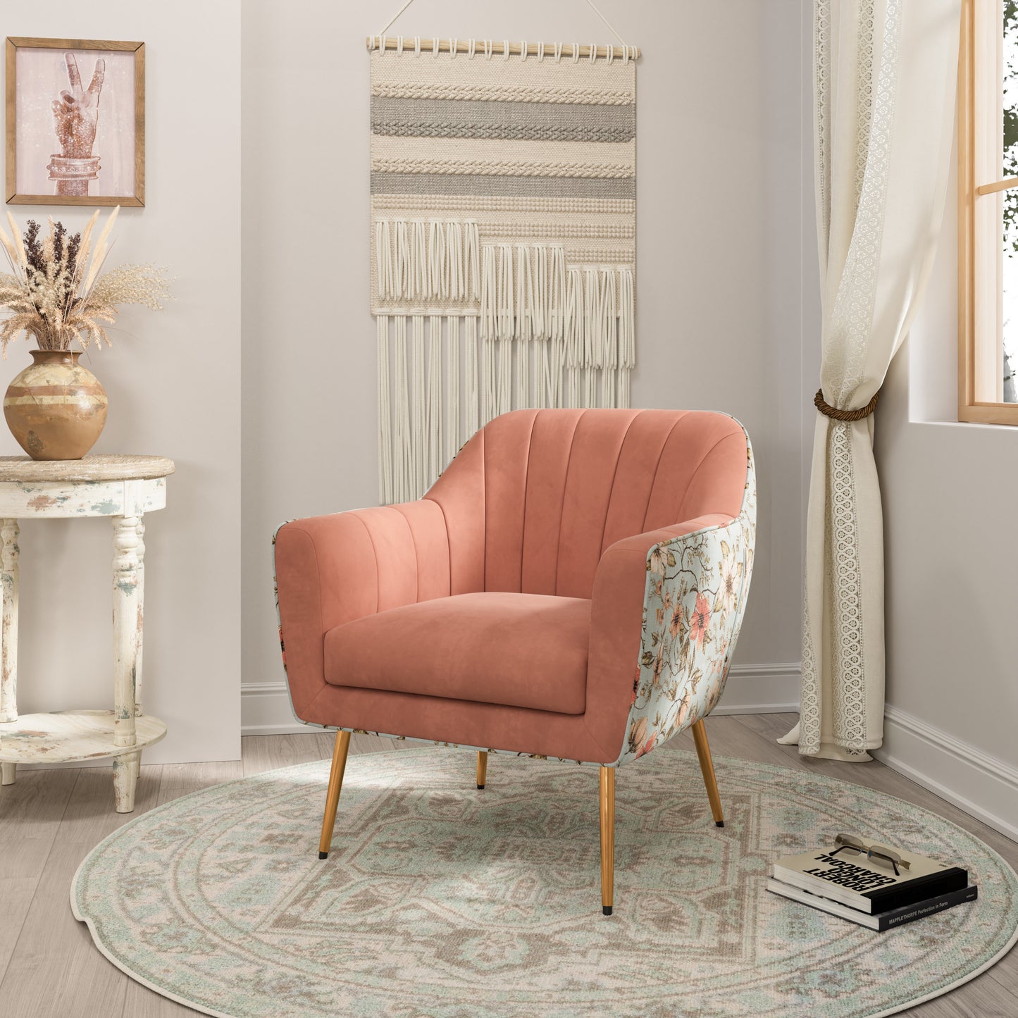 Coral velvet accent chair with floral patterned back