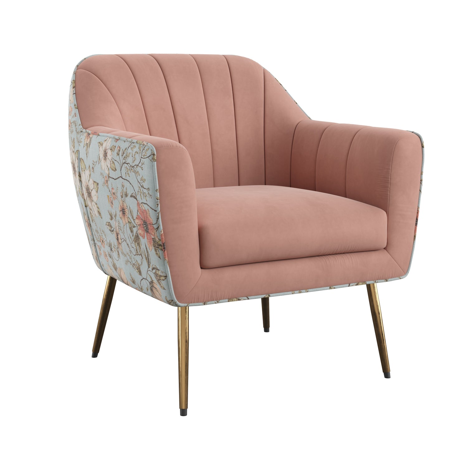 Pink velvet accent chair with floral side panels and gold legs