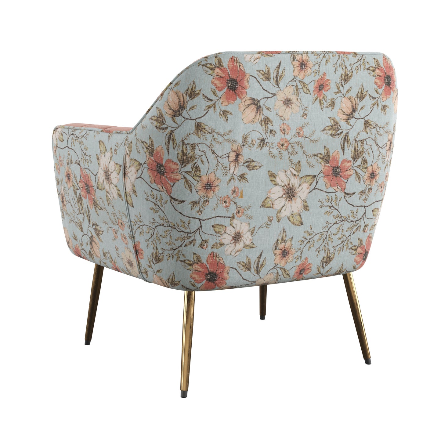 Floral armchair with light blue fabric and gold legs