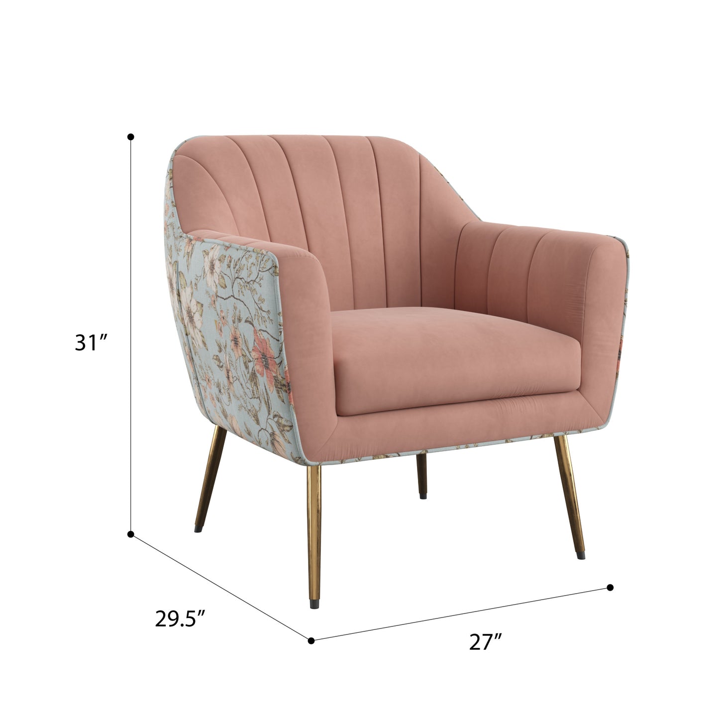 Plush pink velvet accent chair with floral side panels and gold legs