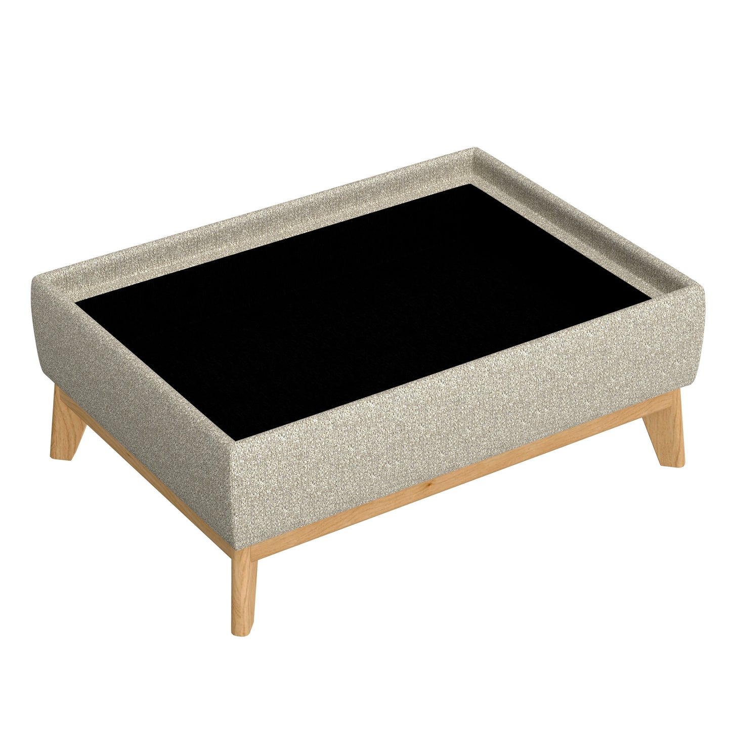 Modern beige upholstered ottoman with black surface and light wood legs