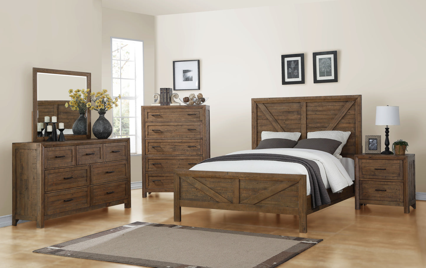 Rustic brown wood queen bed frame with plank headboard and footboard