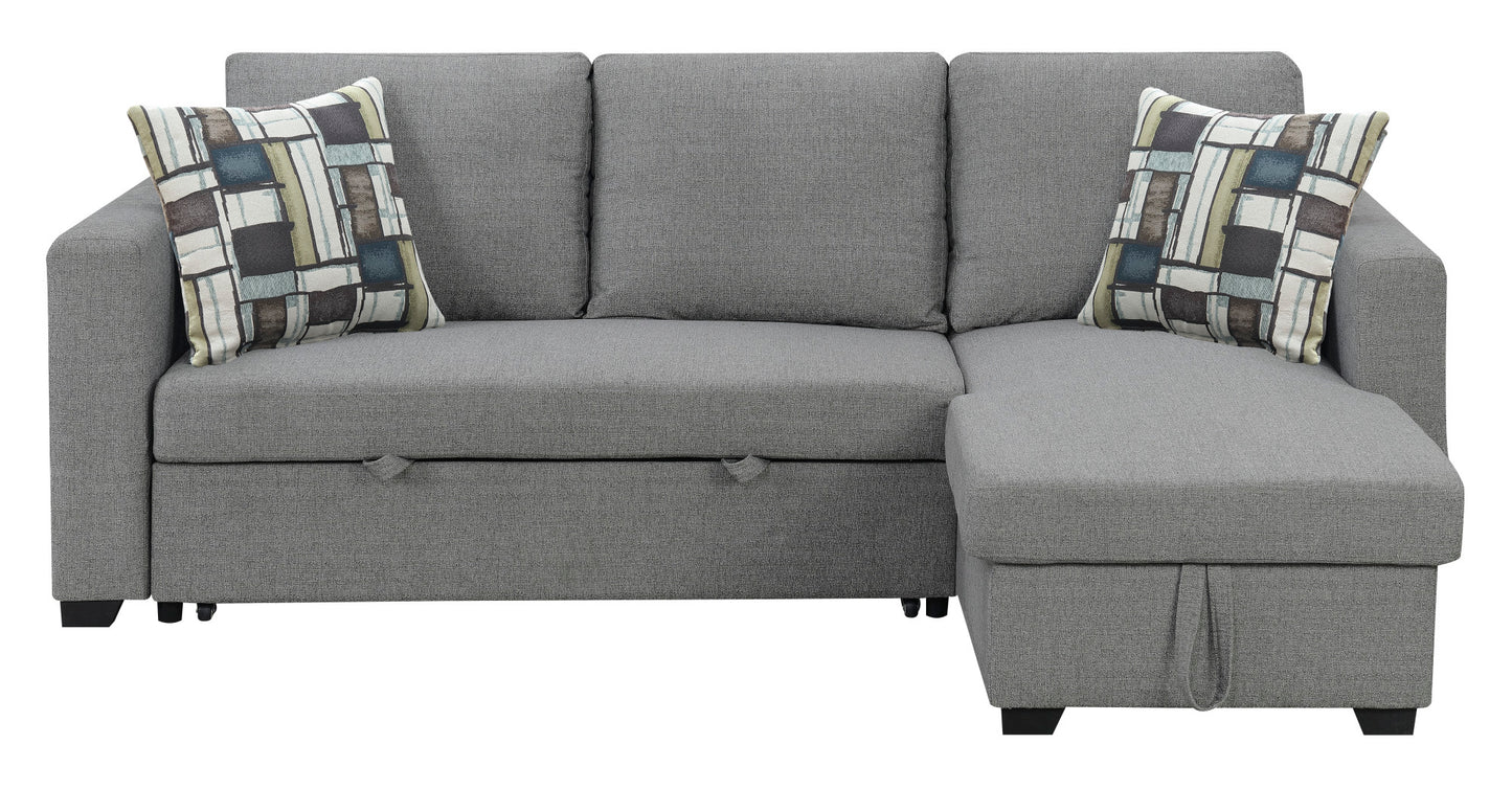 Gray linen sectional sofa with storage ottoman and geometric accent pillows