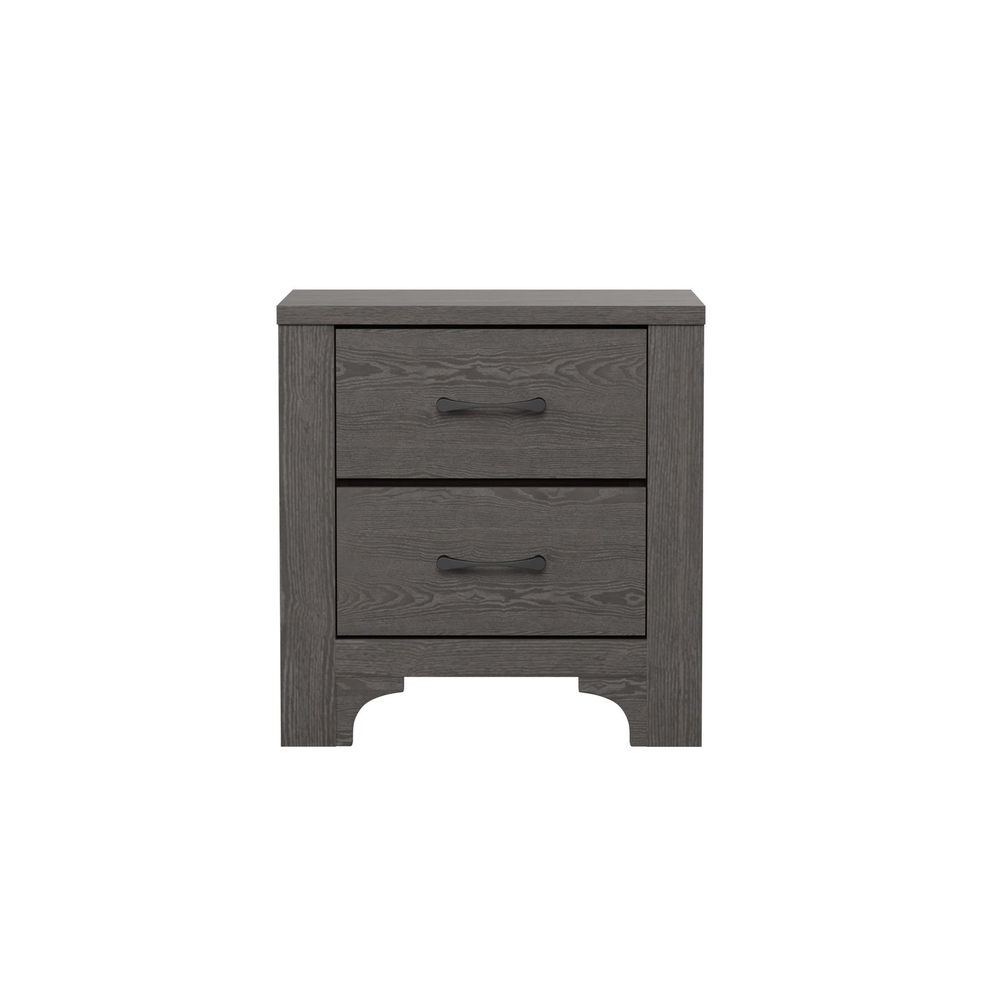 Gray wood grain twodrawer nightstand with black metal handles