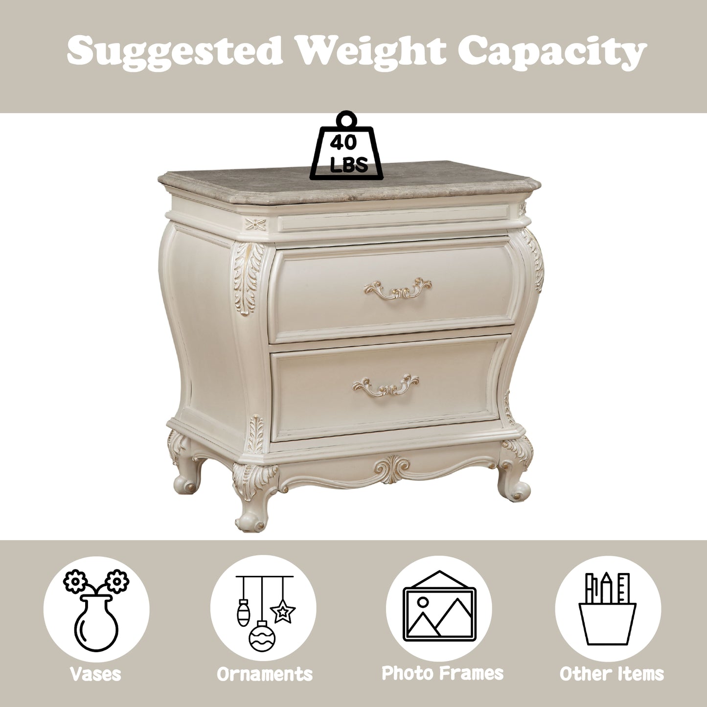 Creamy white ornate nightstand with marble top and two drawers