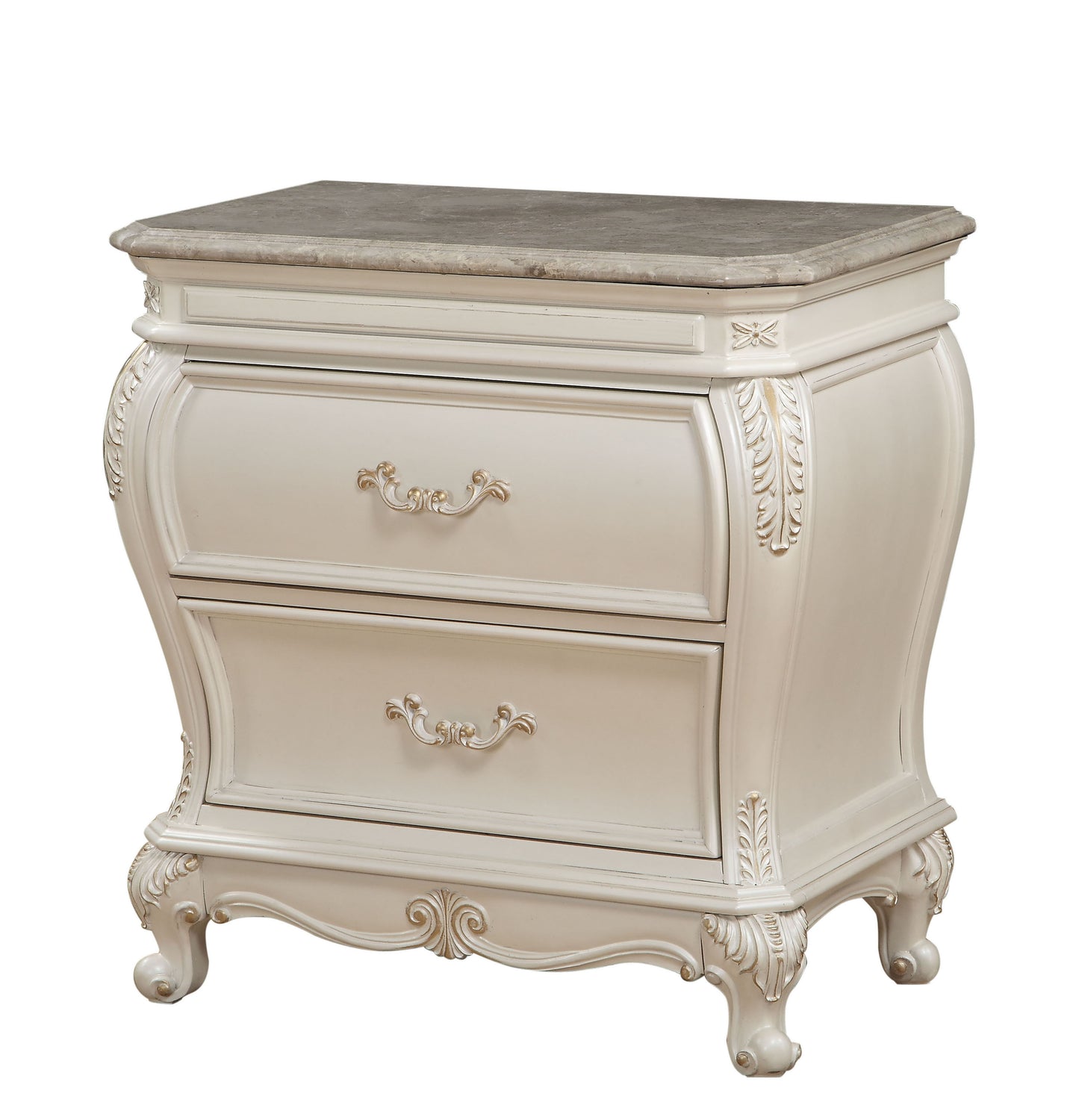 Elegant ivory ornate nightstand with two drawers and marble top