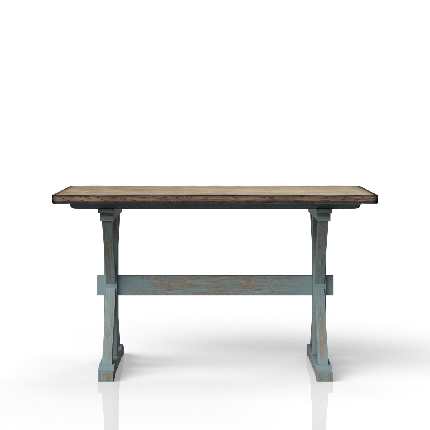 Rustic wooden dining table with distressed blue legs