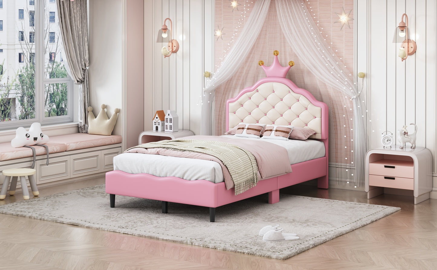 Pink upholstered toddler bed with crownshaped headboard and tufted details