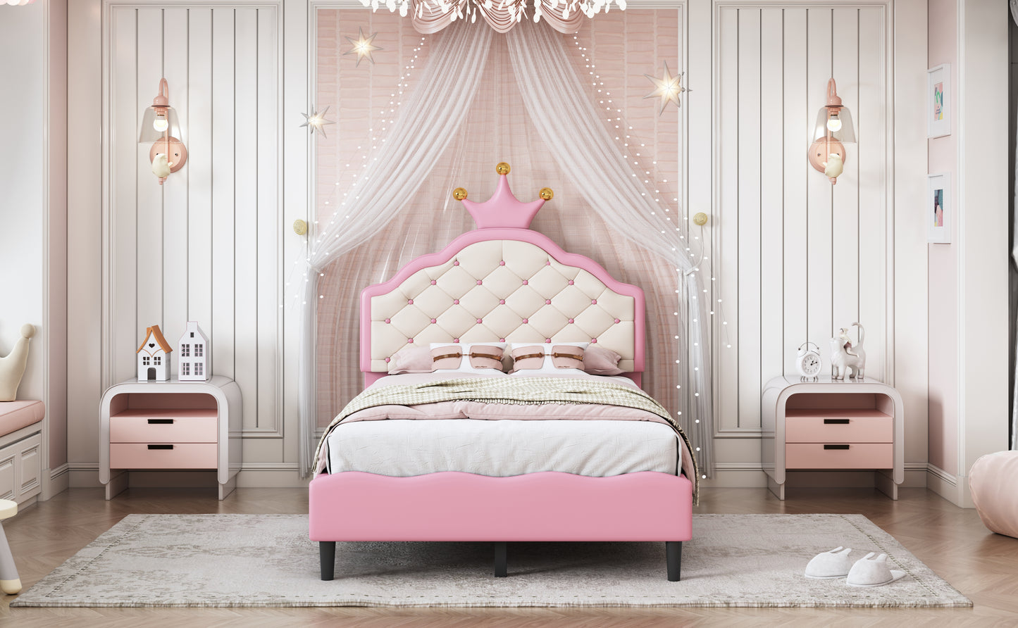 Pink upholstered twin bed with diamond tufting and crown headboard