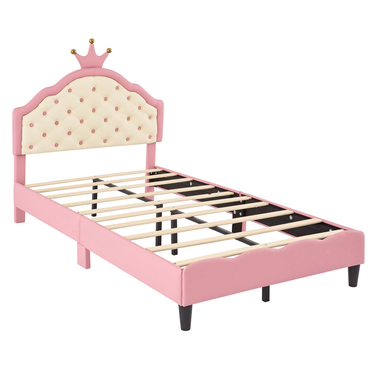 Pink upholstered twin bed frame with tufted cream headboard and crown accent