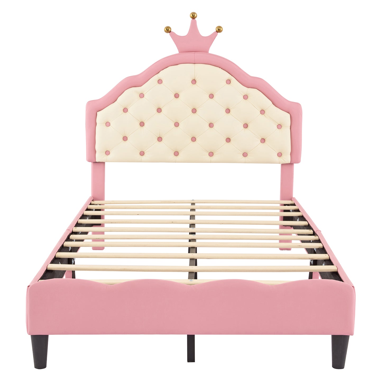 Pink upholstered twin bed frame with tufted cream headboard and crown